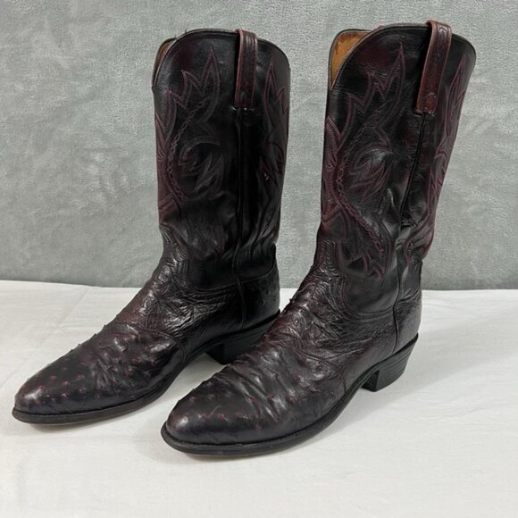 Vintage 1883 Lucchese Full Quill Ostrich Men\'s Black Cherry Boots Size 12 D